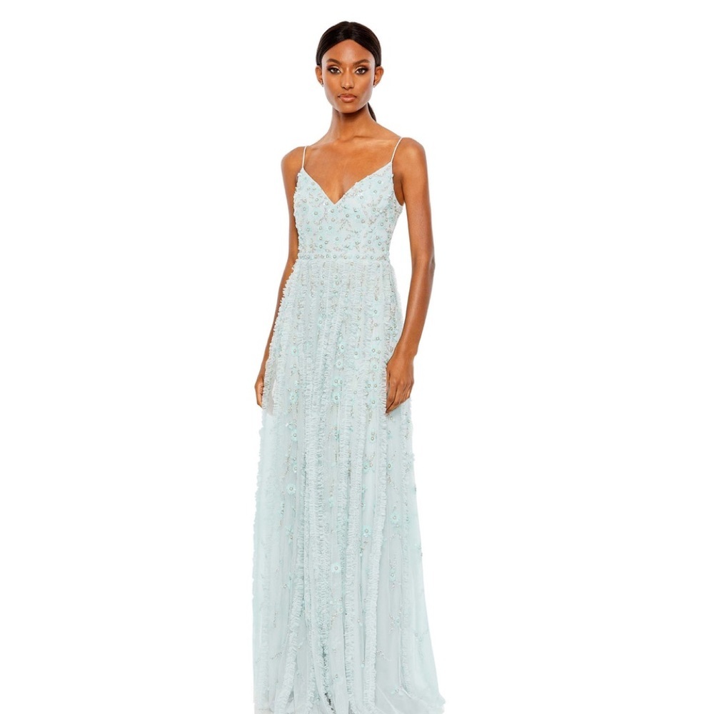MAC DUGGAL EMBELLISHED RUFFLED SPAGHETTI STRAP A LINE GOWN